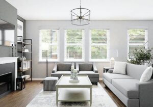 Beautiful living room with light accents and chandelier