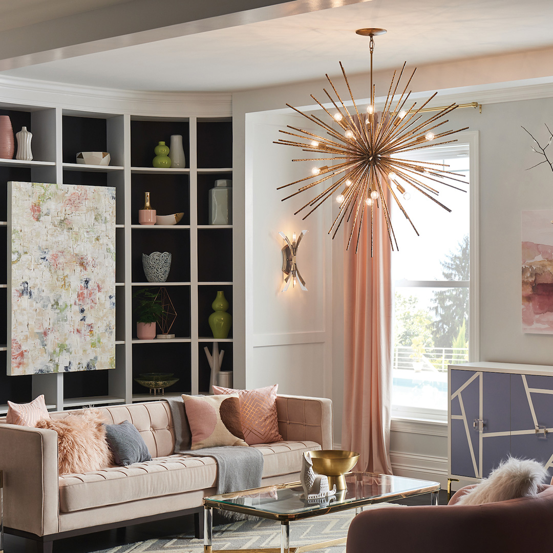 A modern industrial chandelier in a living room