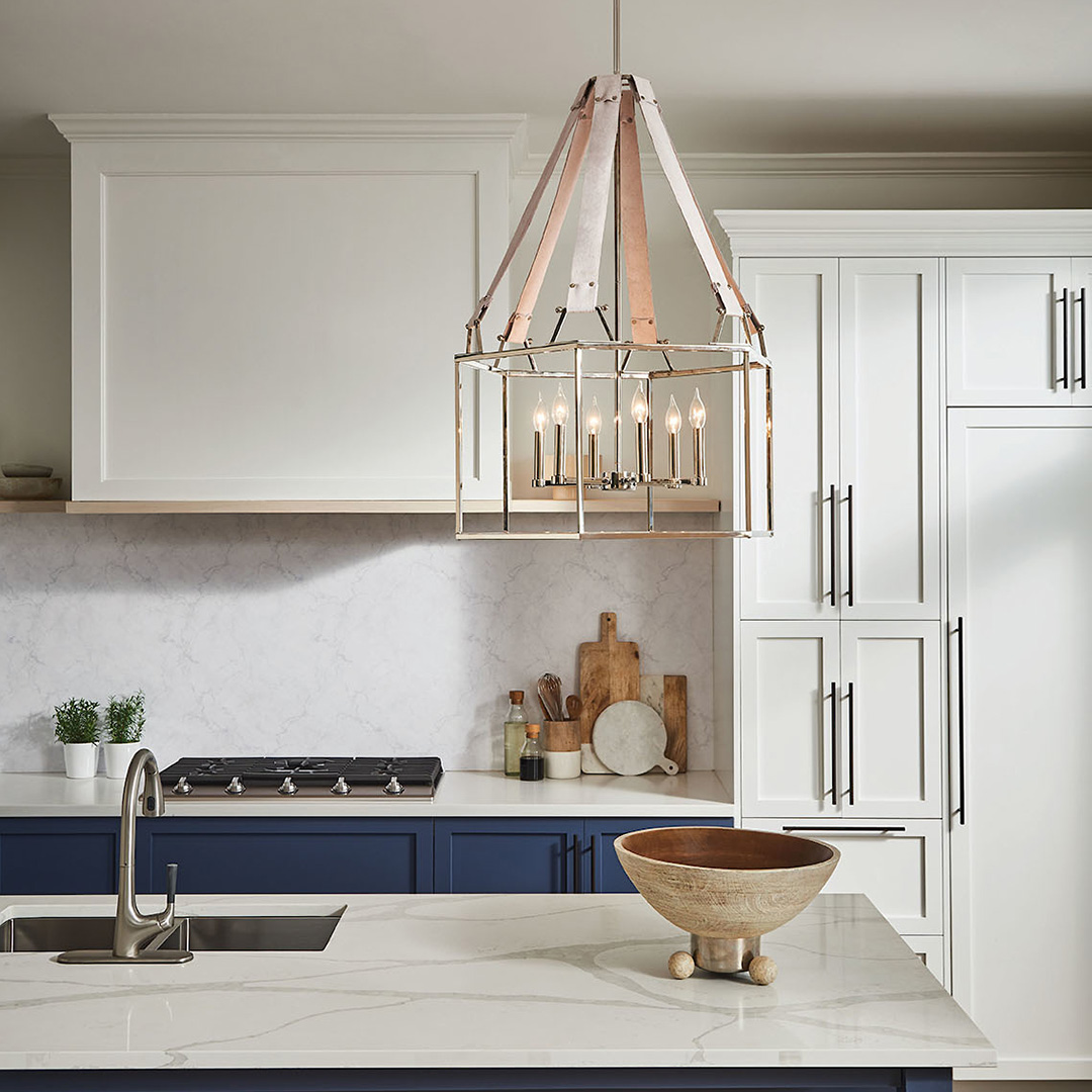 A rustic chandelier in a kitchen