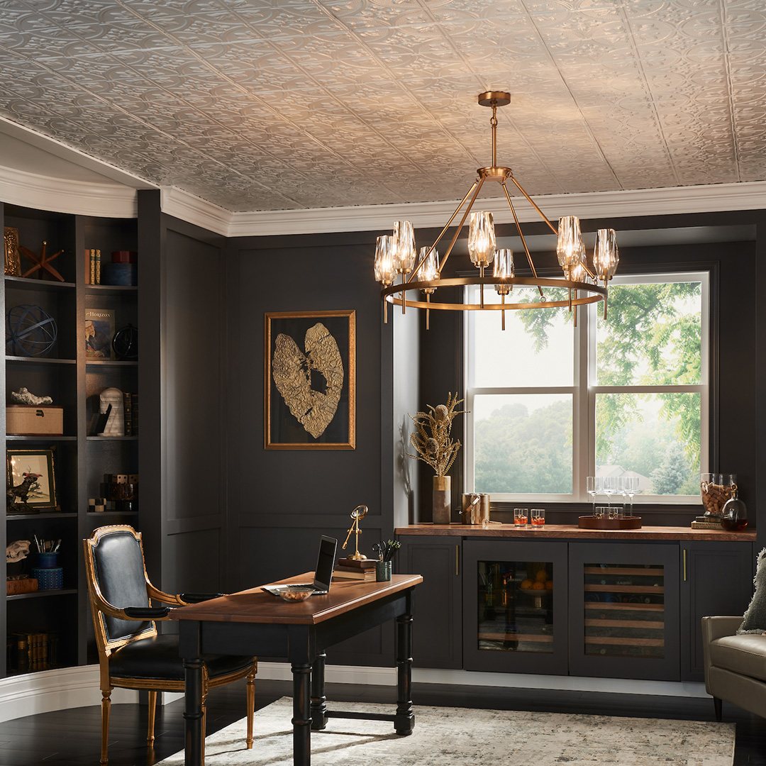 A traditional gold chandelier in a study