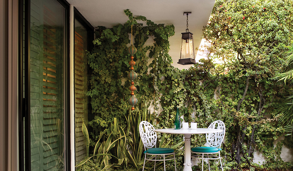 Pendant lighting above outdoor seating area