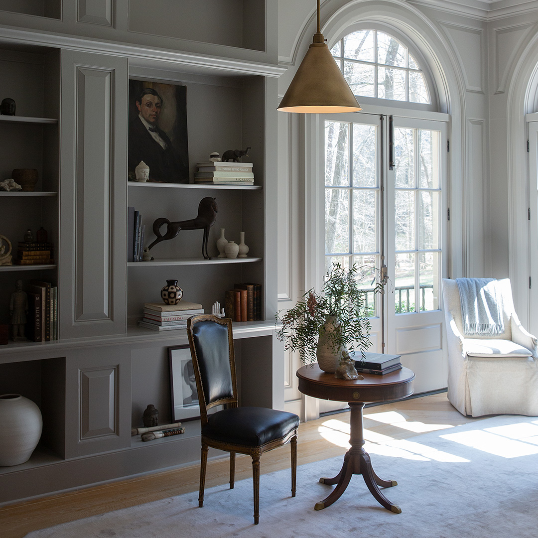 Den area decor on shelves and table
